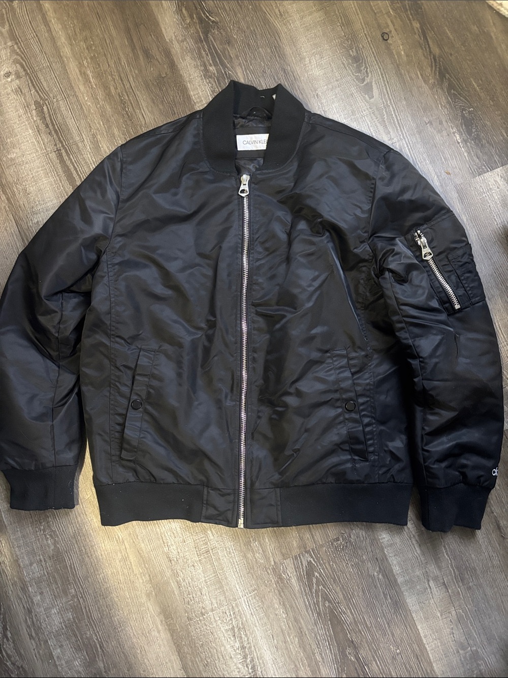 Calvin Klein Black Womens Bomber Jacket with Zip Sleeve Pocket
